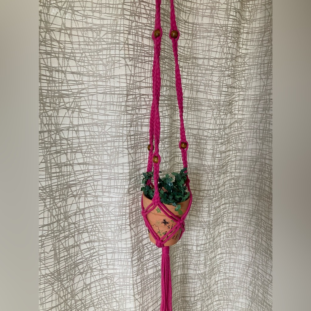 Hand Crafted Pink Macrame Plant Hanger Simply Blessed Design 3.5” Terracotta Pot